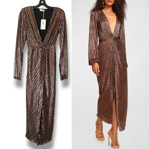 Ramy Brook $595 Sutton Deep V Metallic Midi Dress Long Sleeve Asymmetric XXS NWT